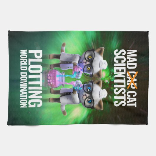 Funny Mad Cat Scientists planen Weltherrschaft Geschirrtuch (Horizontal)