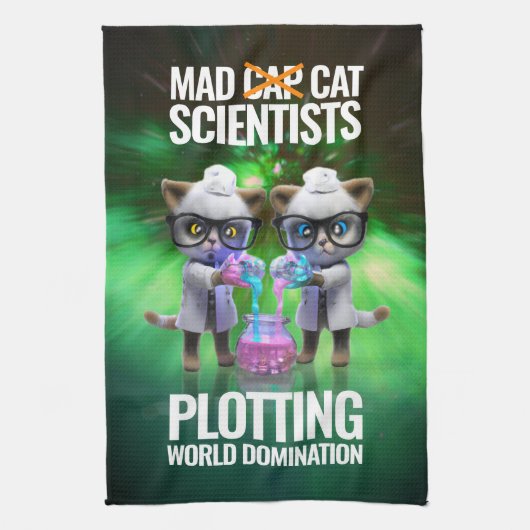 Funny Mad Cat Scientists planen Weltherrschaft Geschirrtuch (Vertikal)