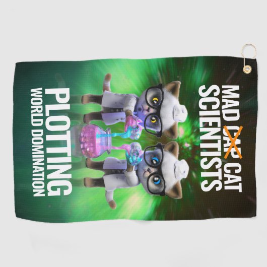 Funny Mad Cat Scientists planen Weltherrschaft Golfhandtuch (Horizontal)
