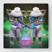 Funny Mad Cat Scientists planen Weltherrschaft Quadratische Wanduhr (Vorderseite)