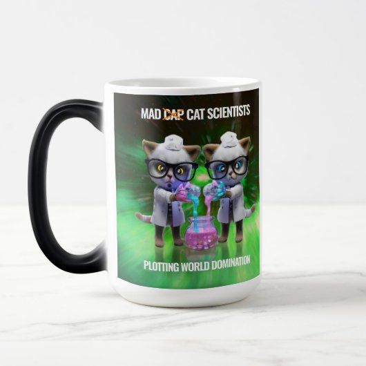 Funny Mad Cat Scientists planen Weltherrschaft Verwandlungstasse (Links)