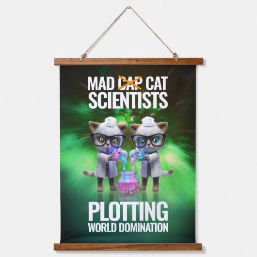 Funny Mad Cat Scientists planen Weltherrschaft Wandteppich Mit Holzrahmen (Vorderseite)