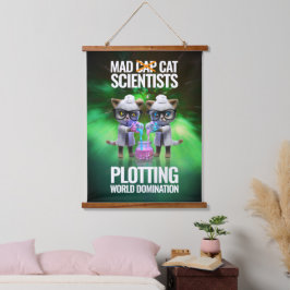 Funny Mad Cat Scientists planen Weltherrschaft Wandteppich Mit Holzrahmen