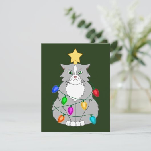 Funny Mad Weihnachtsbaumkatze in farbenfrohen Lich Einladung (Stehend Vorderseite)