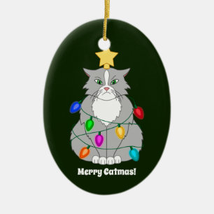 Funny Mad Weihnachtsbaumkatze in farbenfrohen Lich Keramikornament