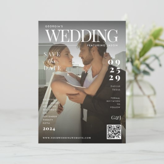 Funny Magazine Cover Dark Foto Einzigartige Hochze Save The Date (Stehend Vorderseite)