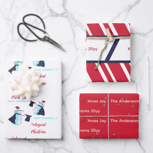 Funny Magician Snowmen Weihnachtsmannmütze Muster Geschenkpapier Set (Vorderseite)