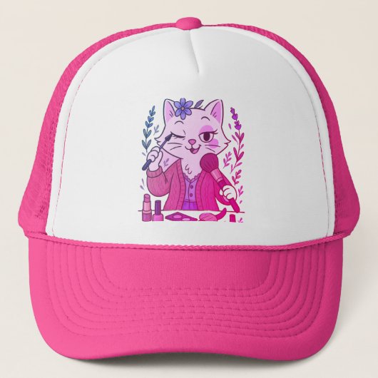 Funny Makeup Cat Hat - Cute Cartoon Cap Truckerkappe (Vorderseite)