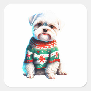 Funny Maltese in Christmas Sweater Sticker