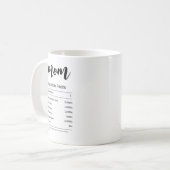 Funny Mama Nutrition Fakten Schwarz-Weiß-Script Kaffeetasse (Vorderseite Links)
