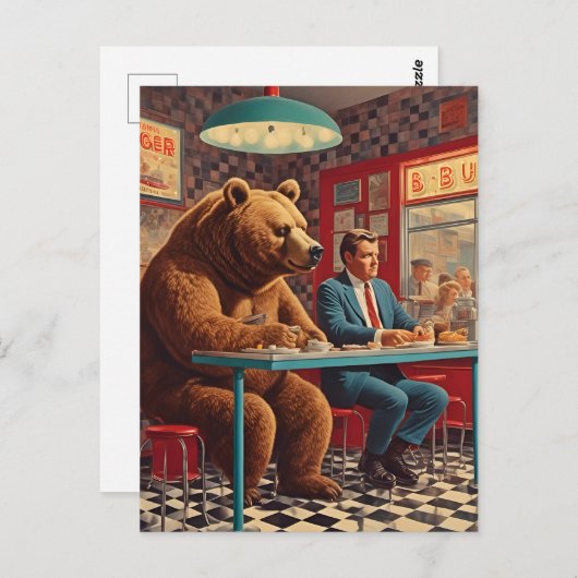 Funny Man and Bear bei Retro Diner Postkarte (Vorne/Hinten)