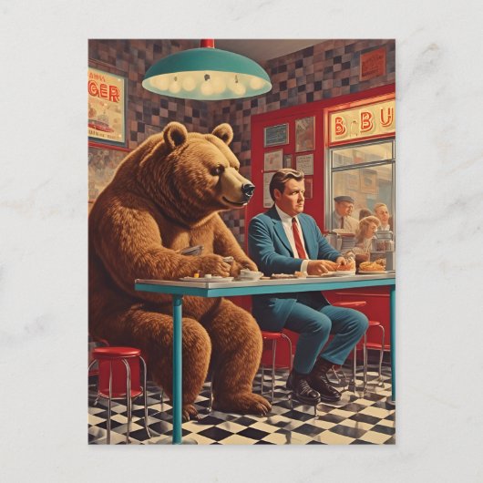 Funny Man and Bear bei Retro Diner Postkarte (Vorderseite)