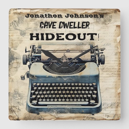 Funny Man Höhle Schreibmaschine Wall Clock Quadratische Wanduhr (Vorderseite)