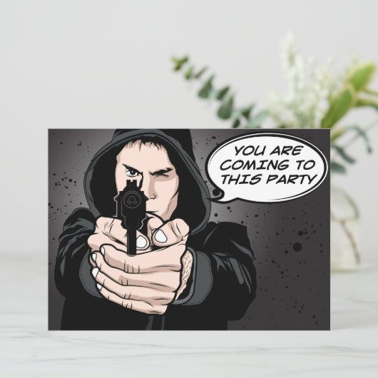 Funny Man pointing Gun Cartoon Einladung (Stehend Vorderseite)