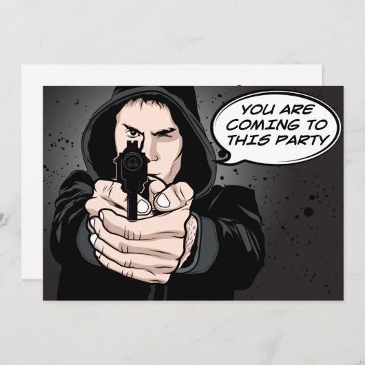 Funny Man pointing Gun Cartoon Einladung (Vorne/Hinten)