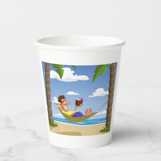 Funny Man Relaxing in Beach Hammock Pappbecher (Vorderseite)