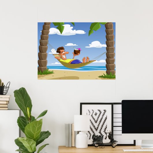 Funny Man Relaxing in Beach Hammock Poster (Heimbüro)