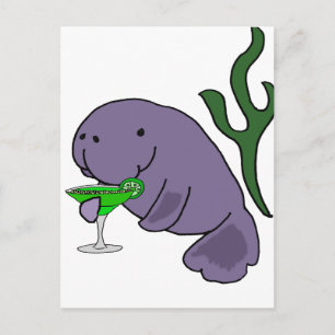 Funny Manatee Drinking Margarita Cartoon Postkarte