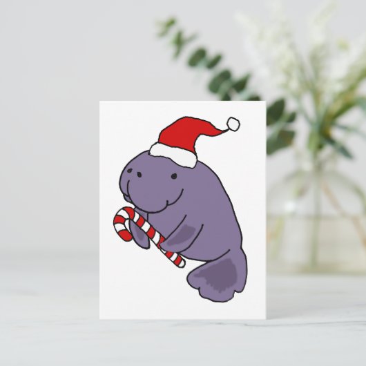 Funny Manatee in Weihnachtsmannmütze Weihnachten C Postkarte (Stehend Vorderseite)