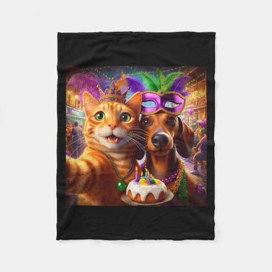 Funny Mardi Gras Cat Dachshund Selfie Squad Fleecedecke (Vorderseite)