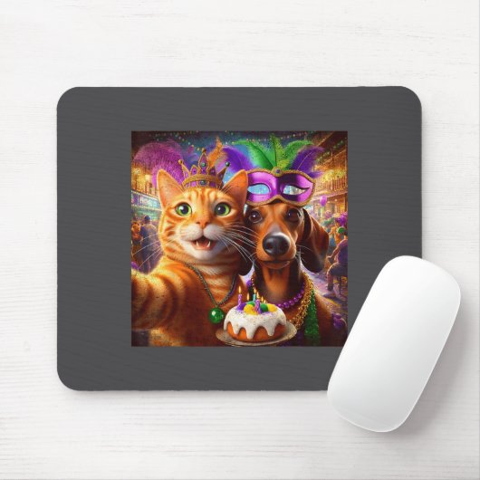 Funny Mardi Gras Cat Dachshund Selfie Squad  Mousepad (Mit Mouse)