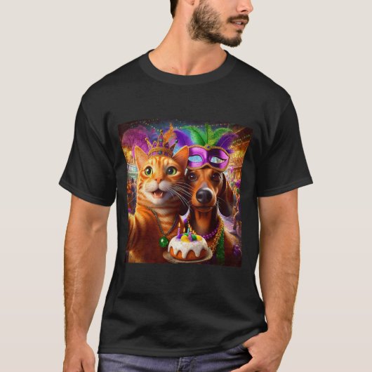 Funny Mardi Gras Cat Dachshund Selfie Squad  T-Shirt (Vorderseite)