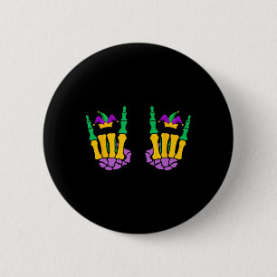 Funny Mardi Gras Skeleton Hands Rock On Devil Horn Button