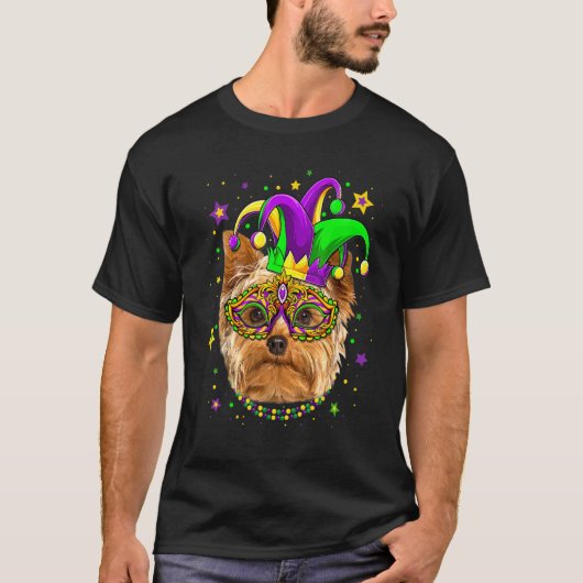 Funny Mardi Gras Yorkshire Terrier Dog Beads Mask  T-Shirt (Vorderseite)