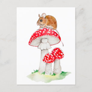 Funny Maus auf einer Fliege agarisch, Aquarell Postkarte