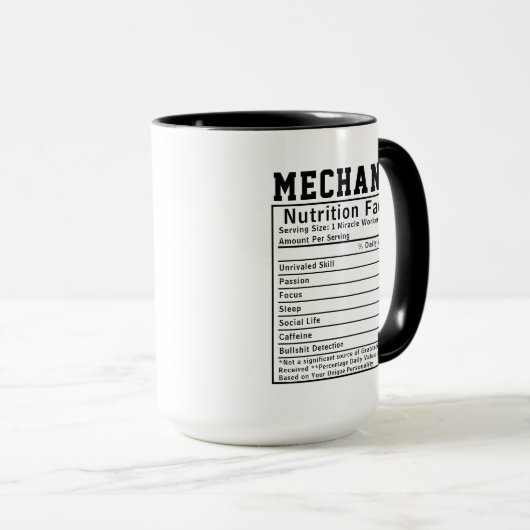 Funny Mechanic Nutrition Facts Techniker Auto Tasse (VorderseiteRechts)