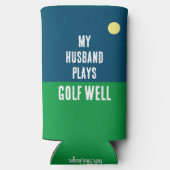 Funny "Mein Mann spielt Golf gut." Blau und Weiß Selters Dosenkühler (Rückseite)