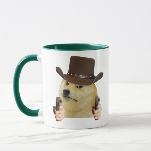 Funny Meme of Cowboy Dog Holding Gun Best Meme Mug Tasse (Links)