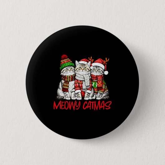Funny Meowy Catmas Christmas Cats Ugly Sweater Gra Button (Vorderseite)