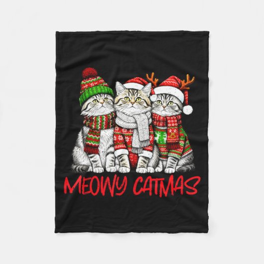 Funny Meowy Catmas Christmas Cats Ugly Sweater Gra Fleecedecke (Vorderseite)