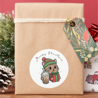 Funny Meowy Christmas Cat Iced Coffee Large Round  Runder Aufkleber