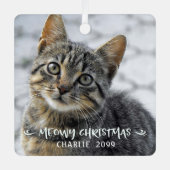 Funny MEOWY CHRISTMAS Cat Name 2 Foto Ornament Aus Metall (Vorderseite)