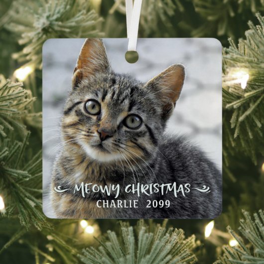 Funny MEOWY CHRISTMAS Cat Name 2 Foto Ornament Aus Metall (InSitu)