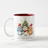 Funny Meowy Weihnachten glückliche Neujahrskatzen Zweifarbige Tasse (Links)