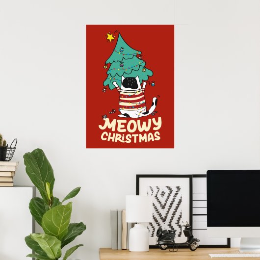 Funny Meowy Weihnachten Grumpy Tuxedo Cat Xmas Tre Poster (Heimbüro)