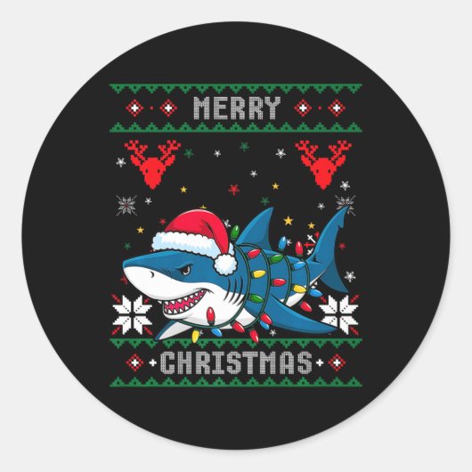 Funny Merguly Ugly Christmas Shark Weihnachtsmannm Runder Aufkleber (Vorderseite)