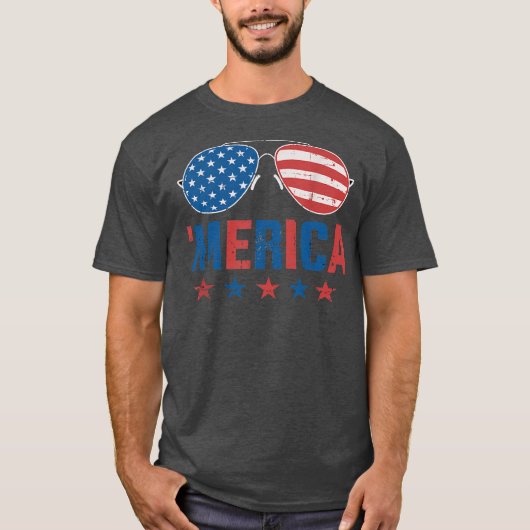 Funny Merica mit Sonnenbrille USA Flag 4. Juli T-Shirt (Vorderseite)