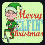 Funny Merry Elfin Christmas Bah Humbug Quadratischer Aufkleber<br><div class="desc">Frohe Elfin Weihnachten. Dieser lustige, harte Elf des Weihnachtsmannes möchte, dass du frohe Weihnachten hast. Eigentlich besteht er darauf. Das Design zeigt einen wütenden Urlaubself neben den Wörtern "Merry Elfin Weihnachten" in kursiven roten und eisigen schneebedeckten blauen Buchstaben. Der Elf springt in die Luft und klickt auf seine Heelse, während...</div>