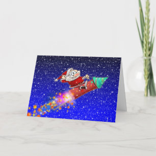 Funny Merry Santa Riding Ein neues Jahr Rakete Feiertagskarte