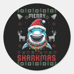 Funny Merry Sharkmas Ugly Christmas Shark Wear Runder Aufkleber