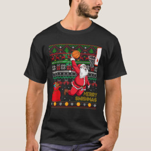 Funny Merry Swishmas Santa Playing Basketball Ugly T-Shirt