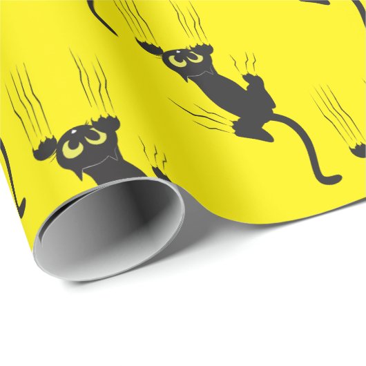 Funny Modern Black Cat Scratch on Yellow Geschenkpapier (Rolleneckpunkt)