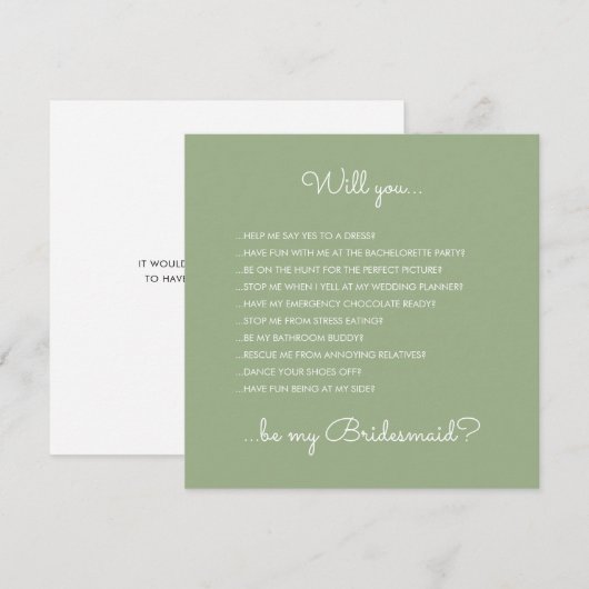 Funny Modern Sage Green Script Bridesmaid Vorschla Einladung (Vorne/Hinten)