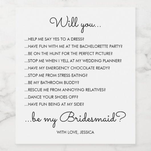 Funny Modern Script Bridesmaid Vorschlag Geschenk Weinetikett (Einzelnes Label)
