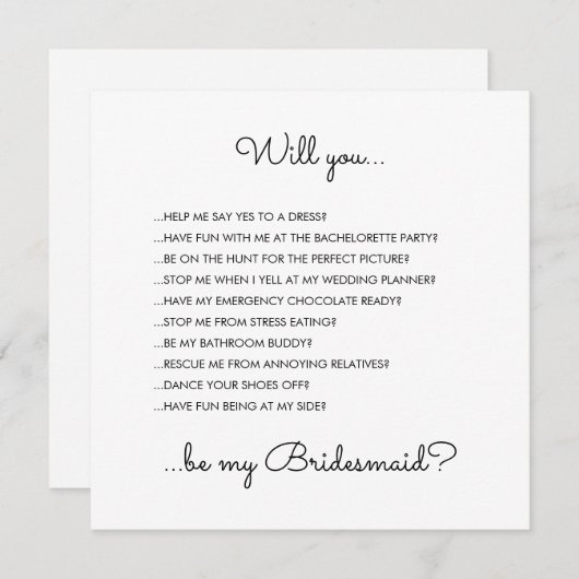 Funny Modern White Script Bridesmaid Vorschlag Einladung (Vorne/Hinten)