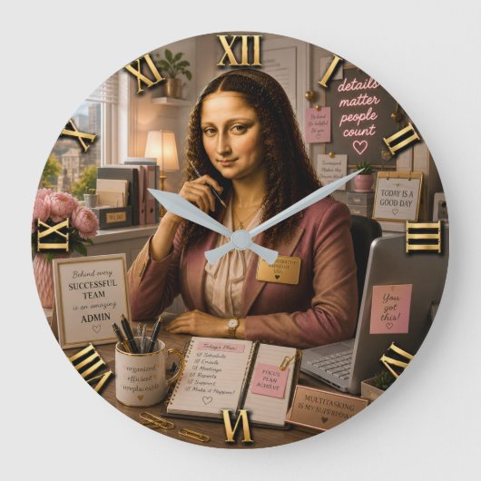 Funny Mona Lisa Administrative Assistant Office Große Wanduhr (Vorderseite)